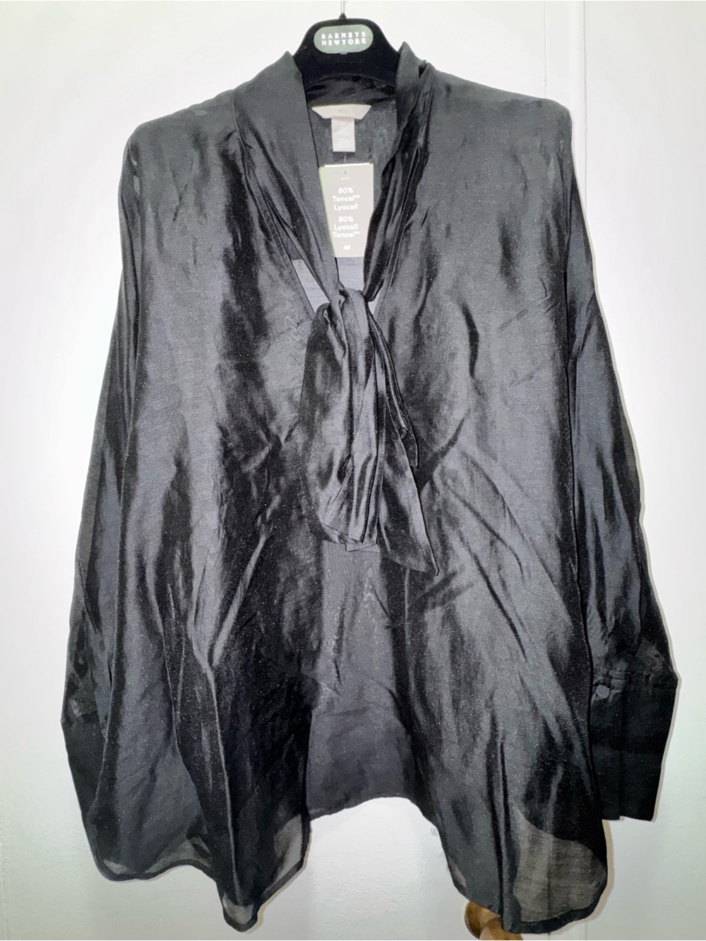 NWT H&M Tie Neck Black Sheen Blouse Sheer 80% Tencel Lyocell